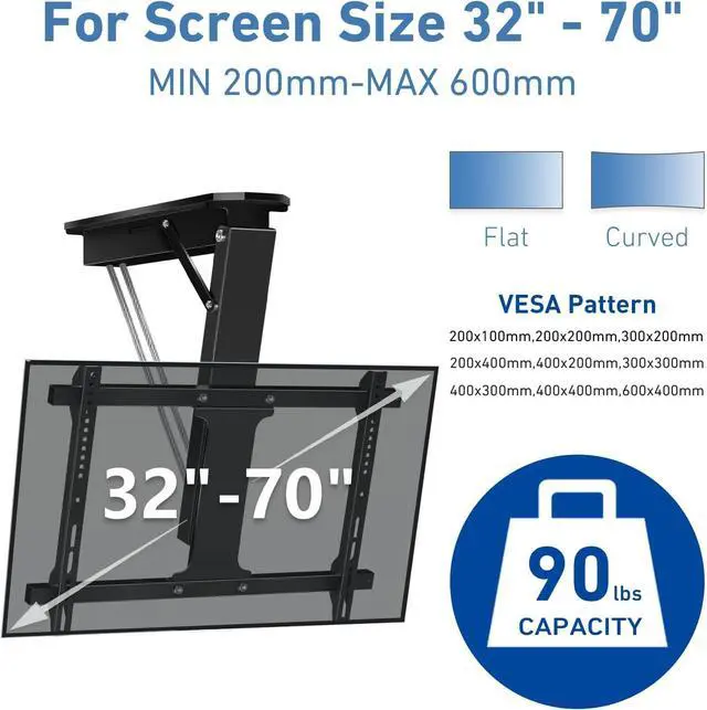 Alt view image 3 of 7 - Electric Ceiling TV Mount with Remote, Motorized Ceiling Mount TV Bracket Flip Down for 32 to 71 inch Flat Curved Screen Mount Drop Down for Flat Pitched Roof Indoor Outdoor(Black)