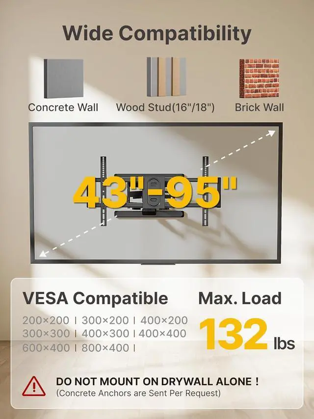 Alt view image 2 of 7 - monTEK Full Motion TV Wall Mount for 4395 Inch TVs, Pre-Assembled TV Mount with Tool-Free Tilt, Swivel, Extension, Max VESA 800 x 400mm and 132 lbs, 16/18 Wood Studs