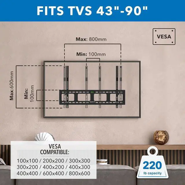 Alt view image 2 of 7 - Mount-It! Low-Profile Tilt TV Wall Mount | Ultra-Slim Bracket for 43-90 Inch TVs | Downward Tilt for Anti-Glare | Heavy-Duty Steel Holds 220 lbs | VESA 800x600 | Stud & Concrete Installation