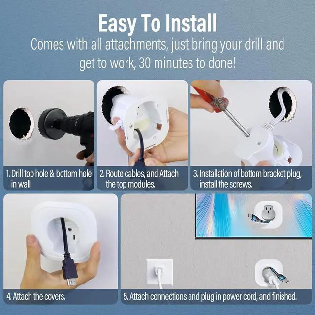 Alt view image 7 of 7 - in-Wall Cable Management Kit, TV Cord Hider for Wall Mounted TV, Hide TV Cords for Wall Mount TV, TV Outlet Wall Kit Includes Power & Low Voltage Cable Management with Hole Saw Drill Attachment