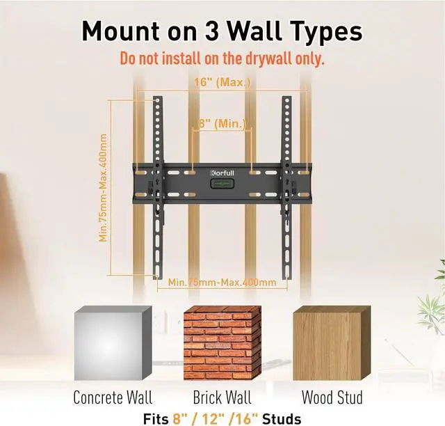 Alt view image 5 of 7 - Tilting TV Wall Mount for 23-65 Inch Screens, Low Profile Slim Design, 12° Tilt, VESA 400x400, Holds up to 110lbs, Just 1.9" from Wall, Fits 16" Wood Stud, Easy Installation for TVs, Monitors
