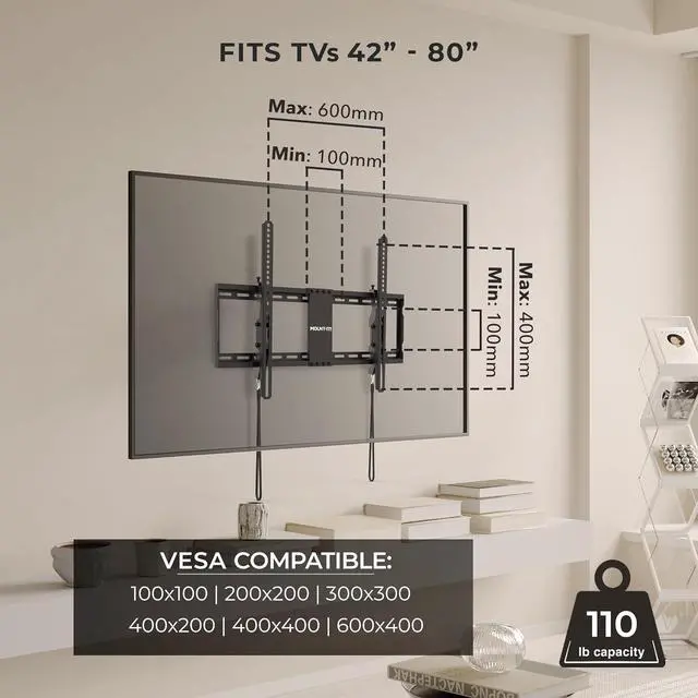 Alt view image 3 of 7 - Mount-It! Tilting TV Wall Mount Bracket for 42-80 Inch TVs | Universal TV Mount with Low Profile Design, Supports 110 lbs | Quick Release Lock | Fits 16" & 24" Studs | Max VESA 600x400mm
