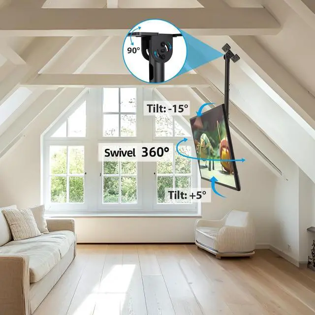 Alt view image 2 of 7 - Ceiling TV Mount for 26-65 inch Flat Screen Displays, Adjustable Ceiling TV Bracket Fits Most LCD LED OLED TVs, 14.96Inch Single Extended Mounting Pole, Holds up to 110lbs, Max VESA 400x400mm