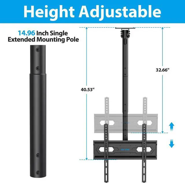 Alt view image 3 of 7 - Ceiling TV Mount for 26-65 inch Flat Screen Displays, Adjustable Ceiling TV Bracket Fits Most LCD LED OLED TVs, 14.96Inch Single Extended Mounting Pole, Holds up to 110lbs, Max VESA 400x400mm