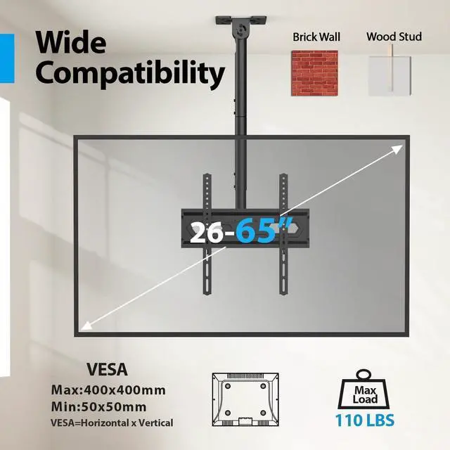 Alt view image 4 of 7 - Ceiling TV Mount for 26-65 inch Flat Screen Displays, Adjustable Ceiling TV Bracket Fits Most LCD LED OLED TVs, 14.96Inch Single Extended Mounting Pole, Holds up to 110lbs, Max VESA 400x400mm