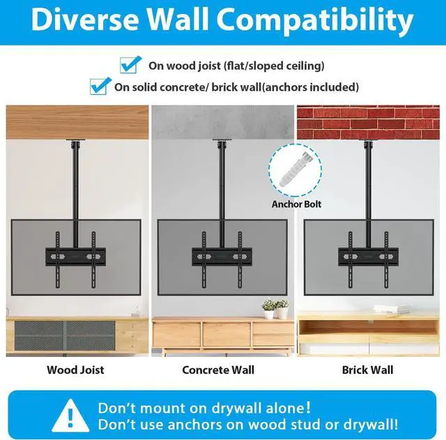 Alt view image 6 of 7 - Ceiling TV Mount for 26-65 inch Flat Screen Displays, Adjustable Ceiling TV Bracket Fits Most LCD LED OLED TVs, 14.96Inch Single Extended Mounting Pole, Holds up to 110lbs, Max VESA 400x400mm