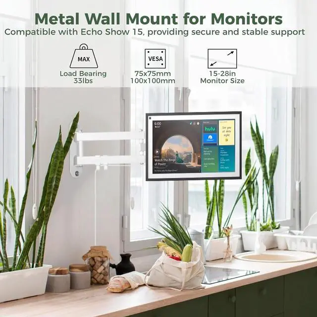 Alt view image 3 of 7 - Full Motion Wall Mount for Echo Show 15, Monitor Wall Mounting Bracket for 15-28 Inch Monitors TVs, Swivel and Tilt 360 Rotate Wall Mount for Alexa Echo Show 15, Adjustable and Extendable