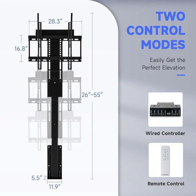 Alt view image 6 of 7 - CO-Z Motorized TV Lift for 32" to 57" TVs up to 165 lb, 400x400 VESA, Height Adjustable Mechanism Stand & Wall Mount with Remote Control and Memory Setting, Automatic TV Lift for Home