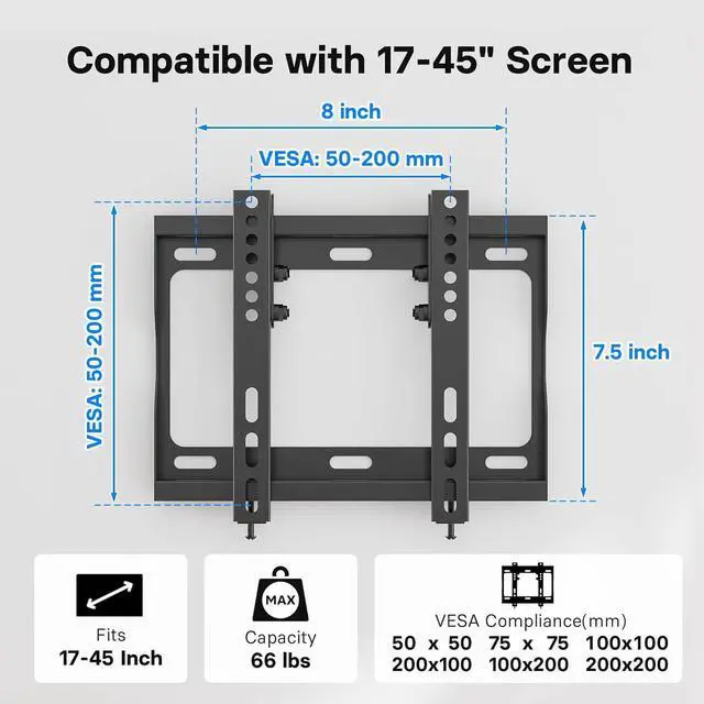 Alt view image 4 of 7 - BONTEC Low Profile TV Wall Mount Bracket Fixed for Most 17-45 inch LED,OLED Flat Screen TVs, Ultra Slim Tilt Wall Mount up to 66LBS, Max VESA 200x200mm, Fits 8" Wood Studs