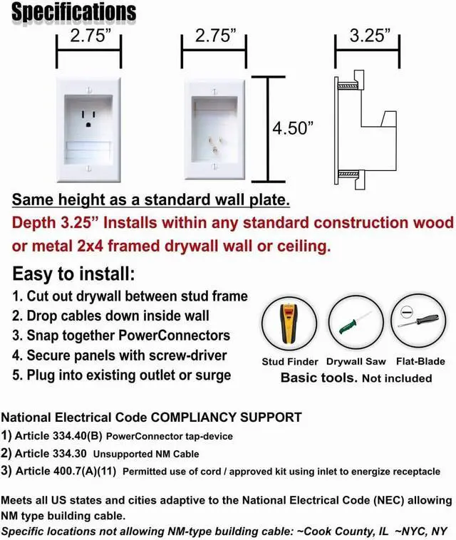 Alt view image 4 of 7 - ONE-CK Single Outlet TV Cord Hider for Wall Mounted TVs - Recessed In-Wall Cable hider System for Power & Low Voltage - Matches Existing Outlets - Hide Wires With this Easy DIY Install Kit