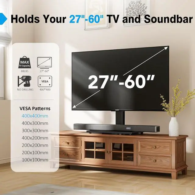 Alt view image 2 of 7 - Universal TV Stand - Table Top TV Stand for 27-60 inch LCD LED TVs - 9 Level Height Adjustable TV Base Stand with Tempered Glass Base & Wire Management VESA 400x400mm