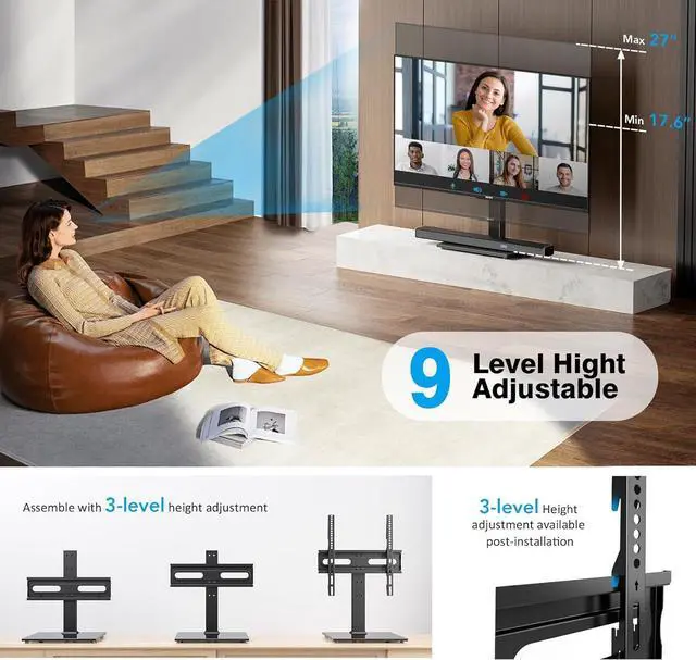 Alt view image 3 of 7 - Universal TV Stand - Table Top TV Stand for 27-60 inch LCD LED TVs - 9 Level Height Adjustable TV Base Stand with Tempered Glass Base & Wire Management VESA 400x400mm