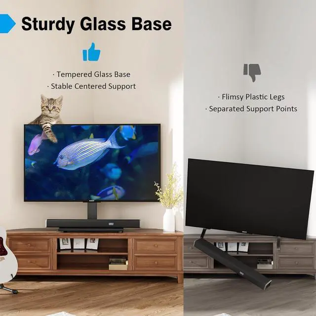 Alt view image 4 of 7 - Universal TV Stand - Table Top TV Stand for 27-60 inch LCD LED TVs - 9 Level Height Adjustable TV Base Stand with Tempered Glass Base & Wire Management VESA 400x400mm