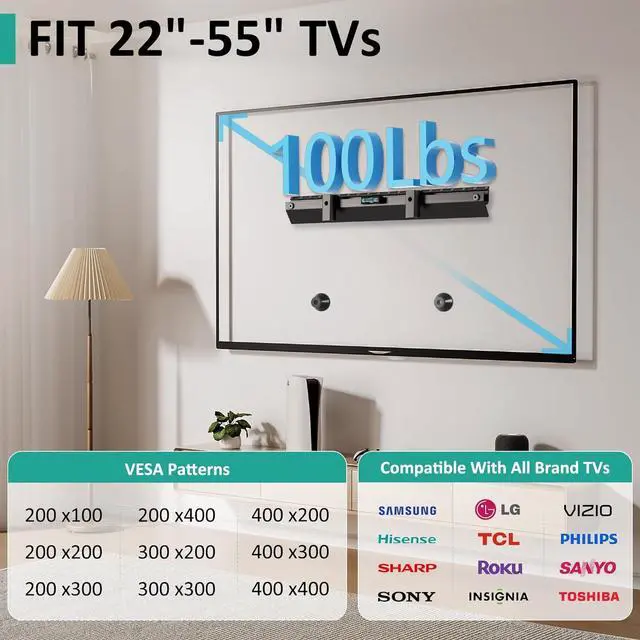 Alt view image 2 of 7 - Studless TV Wall Mount for 22-55 Inch TVs, Slim No Stud TV Mount, Drywall TVs Bracket, Holds Up to 100 lbs, Max VESA 400x400mm - No Drill Easy Installation with Bubble Level