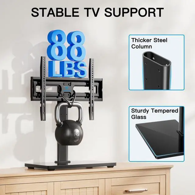 Alt view image 4 of 7 - PERLESMITH Universal Swivel TV Stand-Table Top TV Stand for 32-65 inch TV-Height Adjustable TV Base with Heavy-Duty Tempered Glass Base, VESA 400x400mm up to 88lbs, PSTVS17