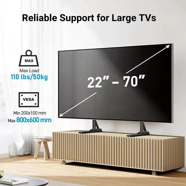 Alt view image 2 of 7 - Universal TV Stand Mount for 22-70 Inch TVs Height Adjustable Table Top TV Stand Great Load-Bearing Replacement TV Legs with Tempered Glass Holds up to 110lbs Max VESA 800 x 600mm