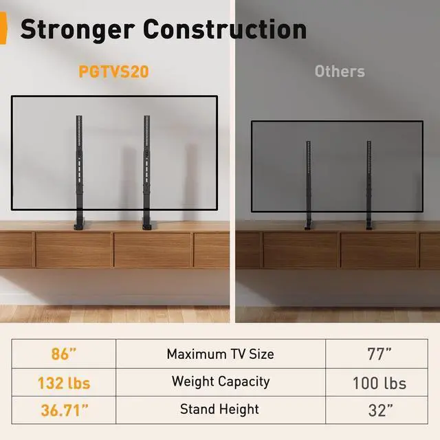 Alt view image 6 of 7 - Perlegear TV Stand Steel TV Legs for Most 3786 Inch Flat or Curved TVs up to 132 lbs, Height Adjustable TV Feet Suitable for Soundbar, Universal Tabletop TV Stand Base Max VESA 800 x 500mm, PGTVS20