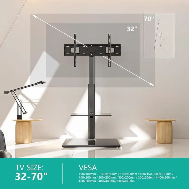 Alt view image 3 of 7 - WALI TV Floor Stand for 32-70inch TVs up to 88lbs, Universal Floor TV Stand Mount, Swivel and Height Adjustable Tall TV Stand with Tempered Glass Base and Shelf for Living Room,Bedroom,Office(TVDVD-6)