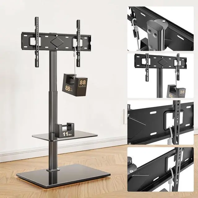 Alt view image 5 of 7 - WALI TV Floor Stand for 32-70inch TVs up to 88lbs, Universal Floor TV Stand Mount, Swivel and Height Adjustable Tall TV Stand with Tempered Glass Base and Shelf for Living Room,Bedroom,Office(TVDVD-6)