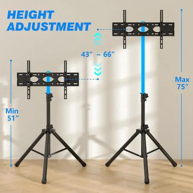 Alt view image 3 of 7 - Portable TV Tripod Stand Tilt Mount for 32-70 inch LED LCD OLED Flat Screen TVs/Monitors, Height Adjustable Foldable Mount Stand, Black Floor Display Stand with Max VESA 600x400mm