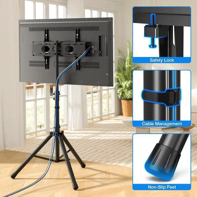 Alt view image 6 of 7 - Portable TV Tripod Stand Tilt Mount for 32-70 inch LED LCD OLED Flat Screen TVs/Monitors, Height Adjustable Foldable Mount Stand, Black Floor Display Stand with Max VESA 600x400mm