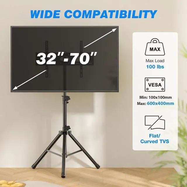 Alt view image 2 of 7 - Portable TV Tripod Stand Tilt Mount for 32-70 inch LED LCD OLED Flat Screen TVs/Monitors, Height Adjustable Foldable Mount Stand, Black Floor Display Stand with Max VESA 600x400mm