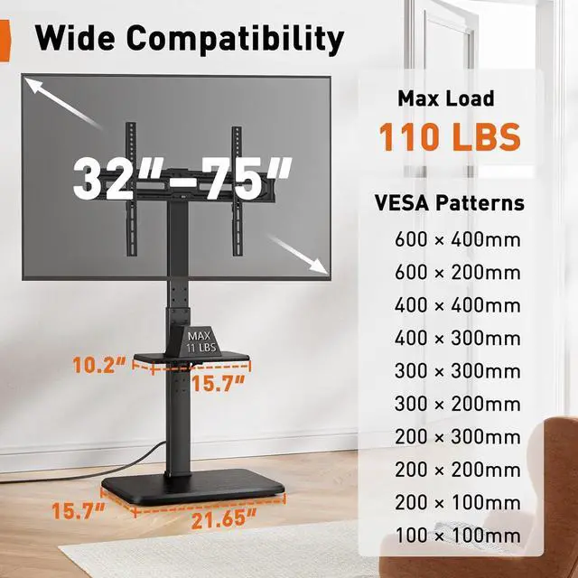 Alt view image 2 of 7 - Perlegear Floor TV Stand with Power Outlet, Universal TV Stand for 32-75 inch TVs up to 110 lbs, Height Adjustable Standing TV Mount, Tall TV Mount with Wood Base, Max VESA 600x400mm, PGFS06