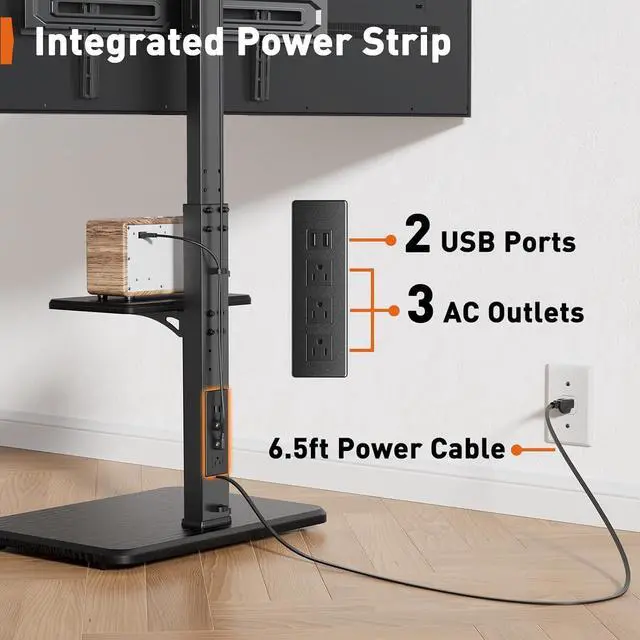 Alt view image 3 of 7 - Perlegear Floor TV Stand with Power Outlet, Universal TV Stand for 32-75 inch TVs up to 110 lbs, Height Adjustable Standing TV Mount, Tall TV Mount with Wood Base, Max VESA 600x400mm, PGFS06