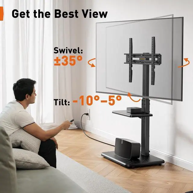 Alt view image 4 of 7 - Perlegear Floor TV Stand with Power Outlet, Universal TV Stand for 32-75 inch TVs up to 110 lbs, Height Adjustable Standing TV Mount, Tall TV Mount with Wood Base, Max VESA 600x400mm, PGFS06