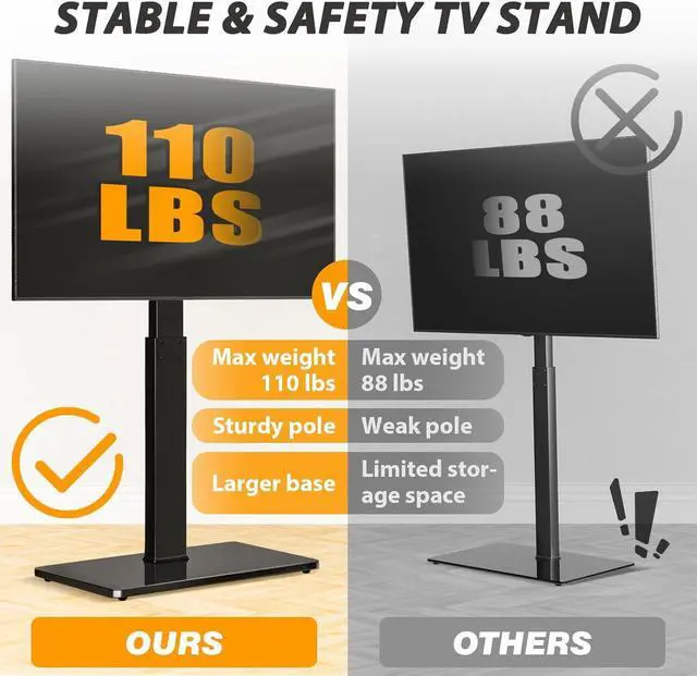 Alt view image 2 of 7 - TAVR Universal Floor TV Stand Base for 32-74 Inch TVs up to 110 Lbs with Swivel Height Adjustable Mount, Black Tempered Glass Base for Media Storage and Space Saving