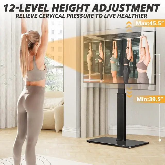 Alt view image 3 of 7 - TAVR Universal Floor TV Stand Base for 32-74 Inch TVs up to 110 Lbs with Swivel Height Adjustable Mount, Black Tempered Glass Base for Media Storage and Space Saving