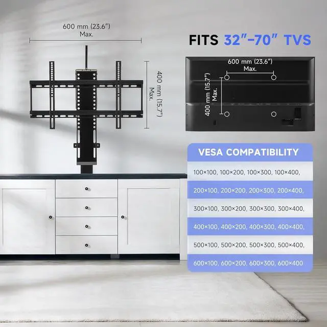 Alt view image 7 of 7 - CO-Z Motorized TV Lift for 32" to 70" TVs up to 600x400 VESA, Height Adjustable TV Stand and Wall Mount with Remote Control and Memory Setting, Automatic Lift for Home Office