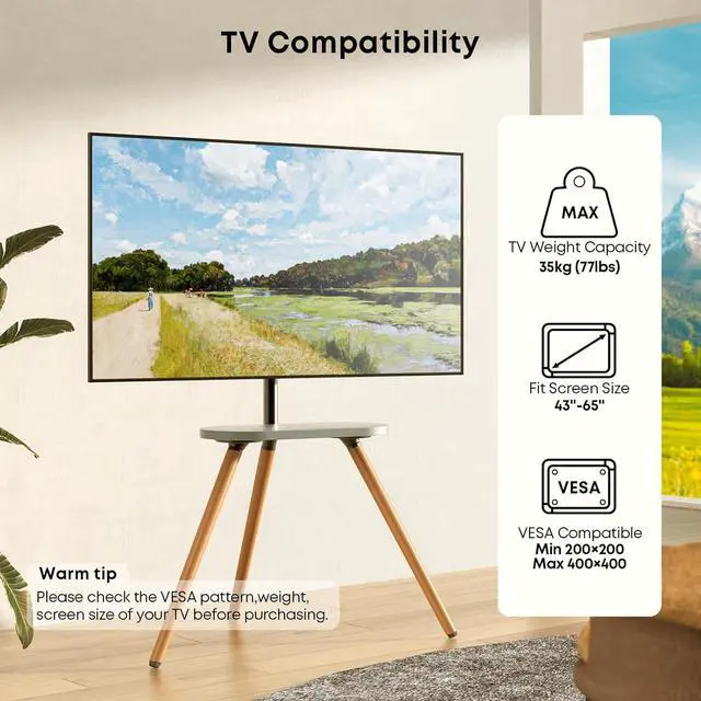 Alt view image 2 of 7 - PUTORSEN Easel TV-Stand for 43-65-Inch Screens - Portable Swivel Tripod TV Stand with Wooden Tray, Height Adjustable TV Floor Stand, Max Load 77 lbs, Max VESA 400x400 mm, Black