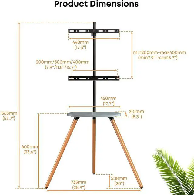 Alt view image 6 of 7 - PUTORSEN Easel TV-Stand for 43-65-Inch Screens - Portable Swivel Tripod TV Stand with Wooden Tray, Height Adjustable TV Floor Stand, Max Load 77 lbs, Max VESA 400x400 mm, Black