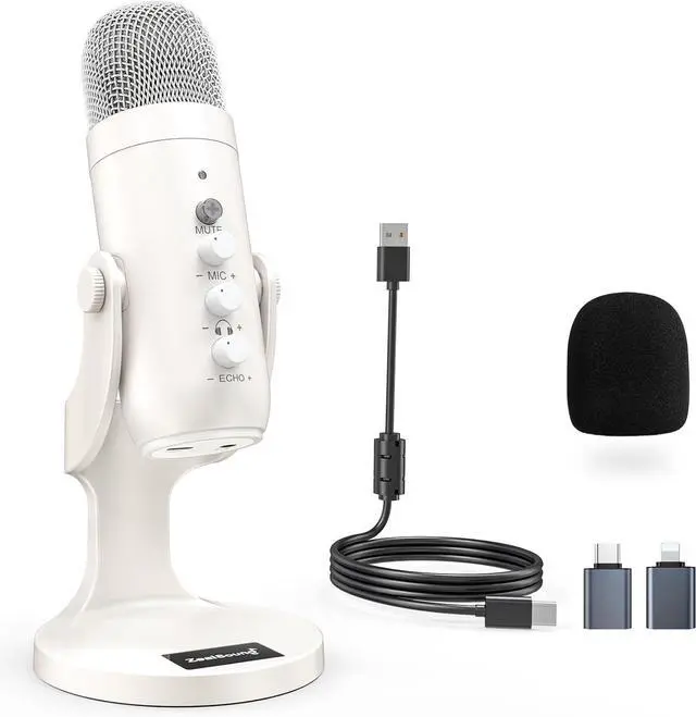Main image of ZealSound USB Microphone,Quick Mute Noise Cancel for Phone Computer PC PS5,Gaming Microphone with Gain Control,Echo Monitor Volume Adjust for Streaming Vocal Recording ASMR Podcast Video K66 White