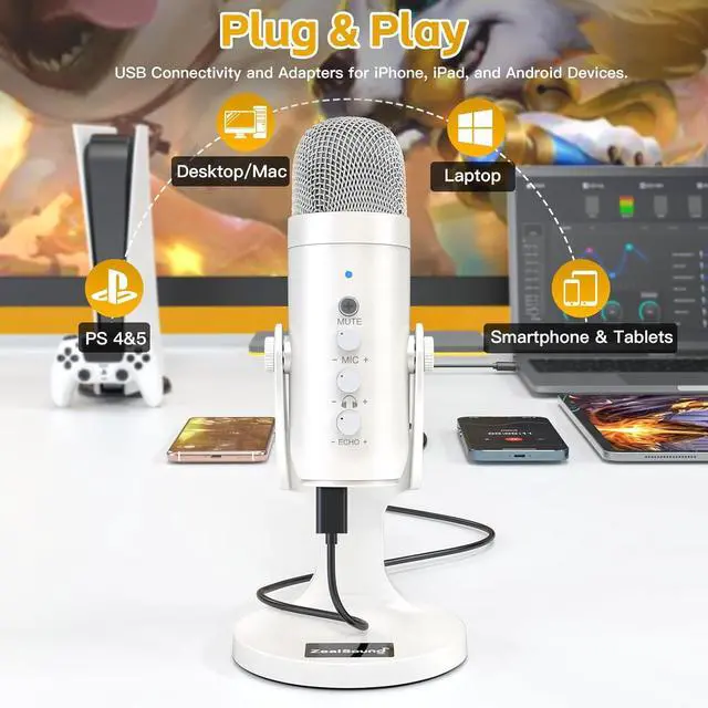Alt view image 2 of 7 - ZealSound USB Microphone,Quick Mute Noise Cancel for Phone Computer PC PS5,Gaming Microphone with Gain Control,Echo Monitor Volume Adjust for Streaming Vocal Recording ASMR Podcast Video K66 White