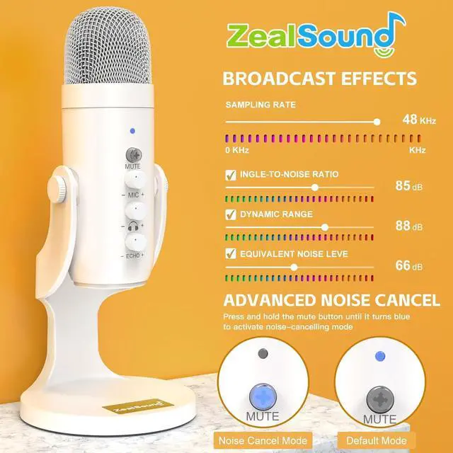 Alt view image 3 of 7 - ZealSound USB Microphone,Quick Mute Noise Cancel for Phone Computer PC PS5,Gaming Microphone with Gain Control,Echo Monitor Volume Adjust for Streaming Vocal Recording ASMR Podcast Video K66 White