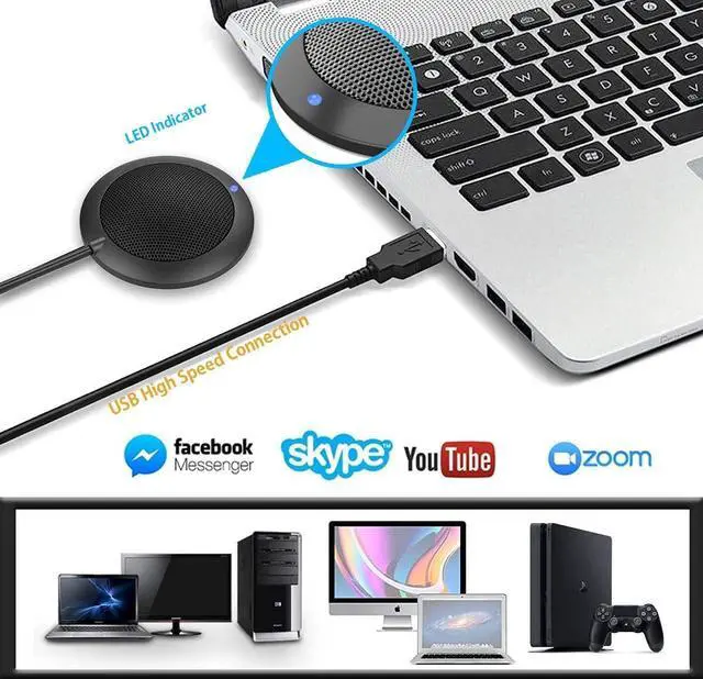 Alt view image 2 of 6 - Conference USB Microphone, Computer Desktop Mic with LED Indicator, Plug & Play Omnidirectional Condenser PC Laptop Mics for Online Meeting, Class, Skype, Recording, Zoom, (No Speakers Included)