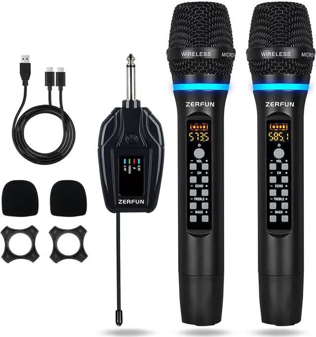 Main image of Dual Wireless Microphones Rechargeable, UHF Metal Wireless Mic System Cordless Microphone Professional with Echo Treble BASS VOL Channel Control for Karaoke Singing Church Events