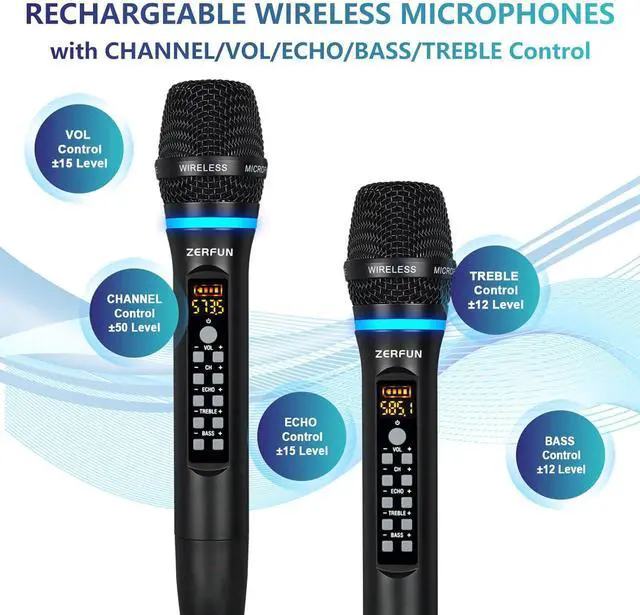 Alt view image 3 of 7 - Dual Wireless Microphones Rechargeable, UHF Metal Wireless Mic System Cordless Microphone Professional with Echo Treble BASS VOL Channel Control for Karaoke Singing Church Events