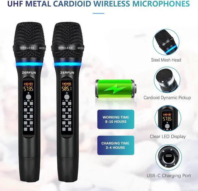 Alt view image 4 of 7 - Dual Wireless Microphones Rechargeable, UHF Metal Wireless Mic System Cordless Microphone Professional with Echo Treble BASS VOL Channel Control for Karaoke Singing Church Events