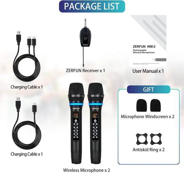 Alt view image 7 of 7 - Dual Wireless Microphones Rechargeable, UHF Metal Wireless Mic System Cordless Microphone Professional with Echo Treble BASS VOL Channel Control for Karaoke Singing Church Events