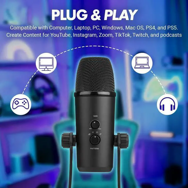 Alt view image 2 of 7 - Movo UM700 Computer Condenser USB Gaming Mic with Adjustable Pickup Patterns - Microphone for PC, PS5, Podcasting, Streaming, ASMR