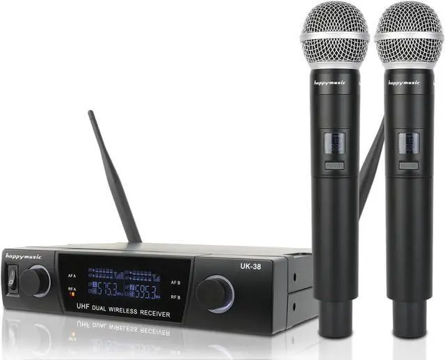 Main image of happymusic Professional UHF 2 Channel Wireless Microphone System, Cordless Handheld Mic Set, 150ft Range Perfect for DJ, Church, Wedding, Event, Gigs, Singing, Home Karaoke, Black (UK-38)