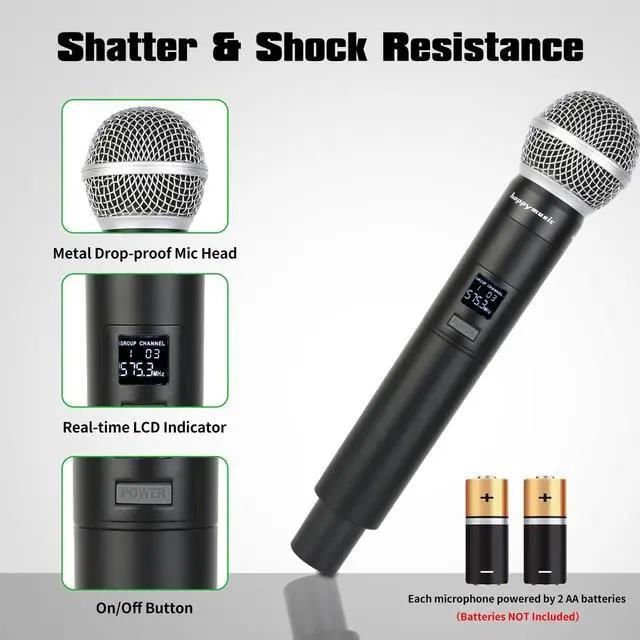 Alt view image 3 of 7 - happymusic Professional UHF 2 Channel Wireless Microphone System, Cordless Handheld Mic Set, 150ft Range Perfect for DJ, Church, Wedding, Event, Gigs, Singing, Home Karaoke, Black (UK-38)