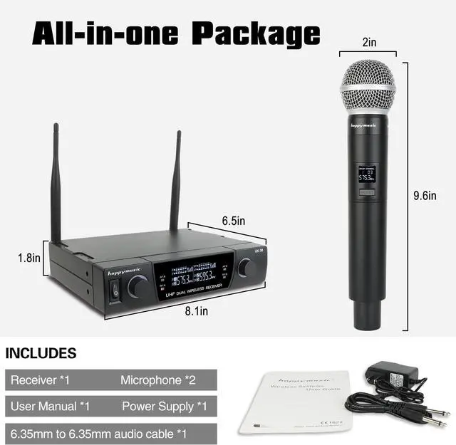 Alt view image 7 of 7 - happymusic Professional UHF 2 Channel Wireless Microphone System, Cordless Handheld Mic Set, 150ft Range Perfect for DJ, Church, Wedding, Event, Gigs, Singing, Home Karaoke, Black (UK-38)