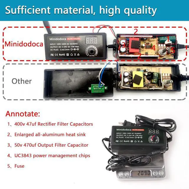 Alt view image 2 of 7 - 72W Power Supply Adjustable 3V ~ 24V Variable Universal Switching AC/DC Adapter Minidodoca AC to DC Converter with LED Voltage Display and 16 Tips, for 3V to 24V Household Electronics - 3000mA Max