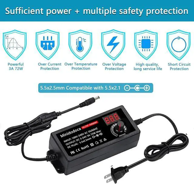 Alt view image 3 of 7 - 72W Power Supply Adjustable 3V ~ 24V Variable Universal Switching AC/DC Adapter Minidodoca AC to DC Converter with LED Voltage Display and 16 Tips, for 3V to 24V Household Electronics - 3000mA Max