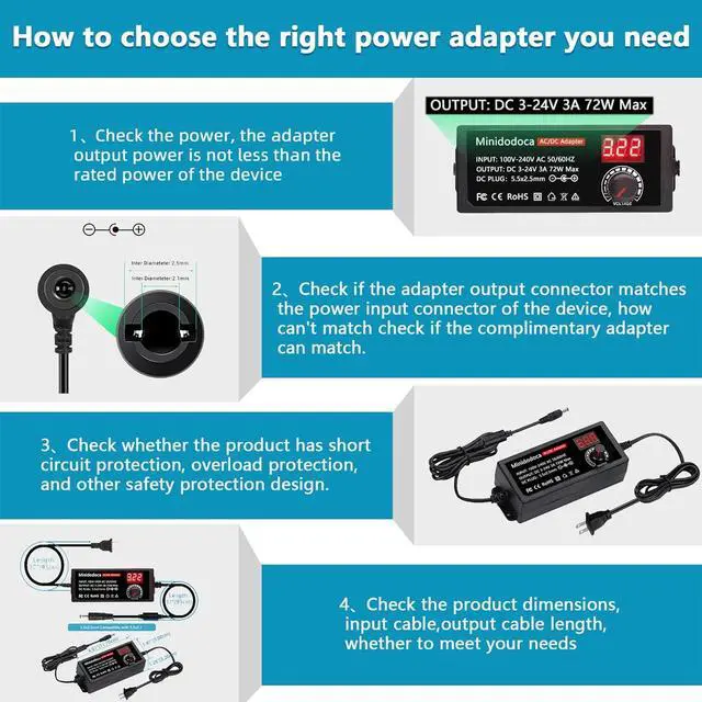 Alt view image 7 of 7 - 72W Power Supply Adjustable 3V ~ 24V Variable Universal Switching AC/DC Adapter Minidodoca AC to DC Converter with LED Voltage Display and 16 Tips, for 3V to 24V Household Electronics - 3000mA Max