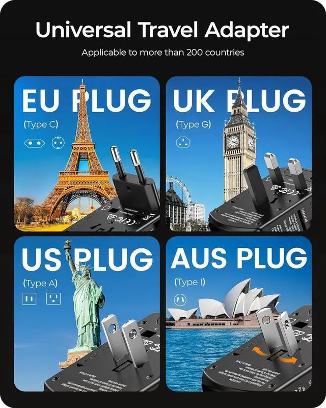 Alt view image 2 of 7 - LENCENT Universal Travel Power Adapter, International AC Plug Adaptor with 2 USB C 2 USB A Ports Wall Charger Worldwide Travel Essentials for US to EU UK Ireland Australia (Type C/G/A/I) Black